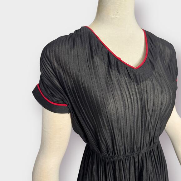 Vintage 70s Black Midi Dress with Red Trim - Picture 3 of 6